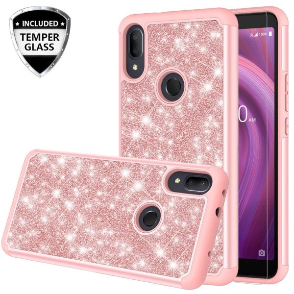 Alcatel 3V (2019) Case, 3V (2019) Glitter Bling Heavy Duty Shock Proof Hybrid Case with [HD Screen Protector] Dual Layer Protective Phone Case Cover for Alcatel 3V (2019) W Temper Glass - Rose Gold Online Sale