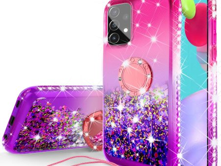 Samsung Galaxy A72 5G Case, Ring Stand Liquid Floating Quicksand Bling Sparkle Protective Girls Women for Samsung Galaxy A72 5G W Tempered Glass - (Hot Pink Purple Gradient) Online Hot Sale