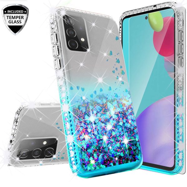 Samsung Galaxy A52 5G Case Liquid Glitter Phone Case Waterfall Floating Quicksand Bling Sparkle Cute Protective Girls Women Cover for Samsung Galaxy A52 5G W Temper Glass - Teal Fashion