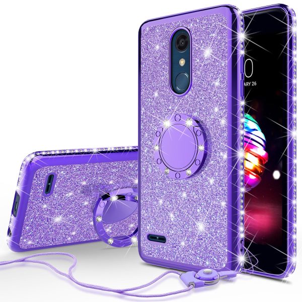 LG K40 Xpression Plus 2 K12 Plus X4 2019 Harmony 3 LG Solo Case, Glitter Cute Phone Case Girls Bling Diamond Rhinestone Ring Stand Luxury Clear Thin Soft Protective Cover for Girl Women - Purple For Cheap