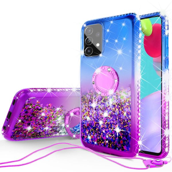 Samsung Galaxy A72 5G Case, Ring Stand Liquid Floating Quicksand Bling Sparkle Protective Girls Women for Samsung Galaxy A72 5G W Tempered Glass - (Blue Purple Gradient) Online Sale