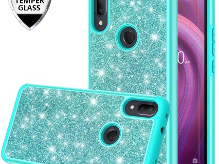 Alcatel 3V (2019) Case, 3V (2019) Glitter Bling Heavy Duty Shock Proof Hybrid Case with [HD Screen Protector] Dual Layer Protective Phone Case Cover for Alcatel 3V (2019) W Temper Glass - Teal For Sale