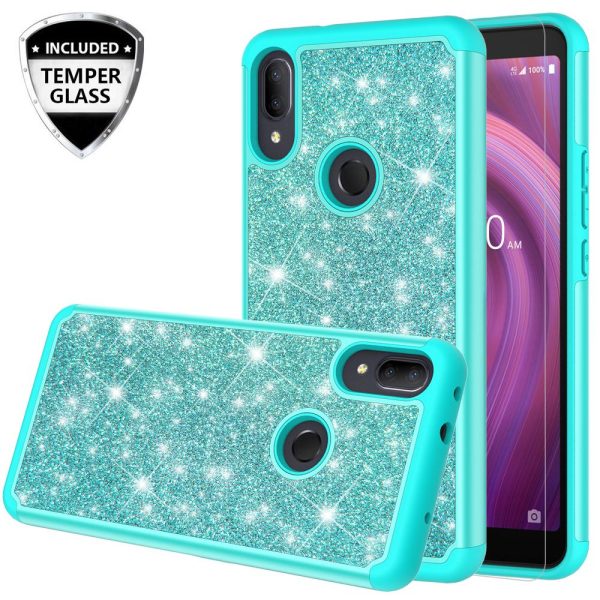 Alcatel 3V (2019) Case, 3V (2019) Glitter Bling Heavy Duty Shock Proof Hybrid Case with [HD Screen Protector] Dual Layer Protective Phone Case Cover for Alcatel 3V (2019) W Temper Glass - Teal For Sale