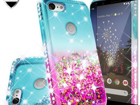 Google Pixel 3a Case Liquid Glitter Phone Case Waterfall Floating Quicksand Bling Sparkle Cute Protective Girls Women Cover for Pixel 3a W Temper Glass- (Teal Pink Gradient) For Discount