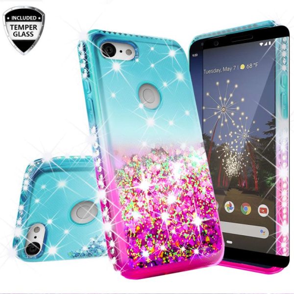 Google Pixel 3a Case Liquid Glitter Phone Case Waterfall Floating Quicksand Bling Sparkle Cute Protective Girls Women Cover for Pixel 3a W Temper Glass- (Teal Pink Gradient) For Discount