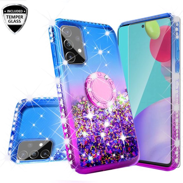 Samsung Galaxy A52 5G Case, Ring Stand Liquid Floating Quicksand Bling Sparkle Protective Girls Women for Samsung Galaxy A52 5G W Tempered Glass - (Blue Purple Gradient) Discount