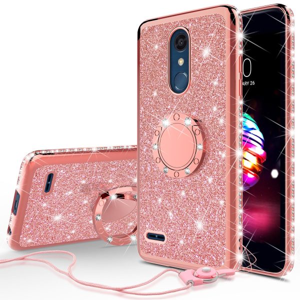 LG K40 Xpression Plus 2 K12 Plus X4 2019 Harmony 3 LG Solo Case, Glitter Cute Phone Case Girls Bling Diamond Rhinestone Ring Stand Luxury Clear Thin Soft Protective Cover for Girl Women - Rose Gold Fashion