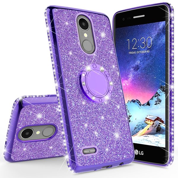 LG Aristo, LG K8 (2017), LG Phoenix 3, LG K4 2017 Case, Glitter Cute Phone Case Girls with Kickstand,Bling Diamond Rhinestone Bumper Ring Stand Sparkly Luxury Clear Thin Soft Protective LG K8 (2017) Case for Girl Women - Purple For Sale