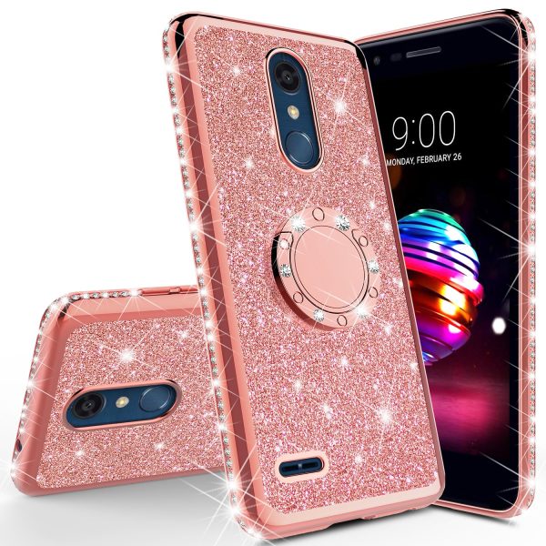 LG K40 Xpression Plus 2 K12 Plus X4 2019 Harmony 3 LG Solo Case, Glitter Cute Phone Case Girls Bling Diamond Rhinestone Ring Stand Luxury Clear Thin Soft Protective Cover for Girl Women - Rose Gold Fashion