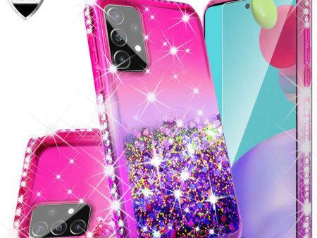 Samsung Galaxy A72 5G Case Liquid Glitter Phone Case Waterfall Floating Quicksand Bling Sparkle Cute Protective Girls Women Cover for Samsung Galaxy A72 5G w  Tempered Glass - (Hot Pink Purple Gradient) For Discount