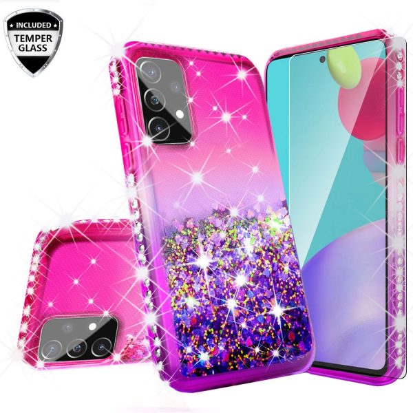 Samsung Galaxy A72 5G Case Liquid Glitter Phone Case Waterfall Floating Quicksand Bling Sparkle Cute Protective Girls Women Cover for Samsung Galaxy A72 5G w  Tempered Glass - (Hot Pink Purple Gradient) For Discount