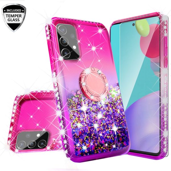 Samsung Galaxy A52 5G Case, Ring Stand Liquid Floating Quicksand Bling Sparkle Protective Girls Women for Samsung Galaxy A52 5G W Tempered Glass - (Hot Pink Purple Gradient) Online now