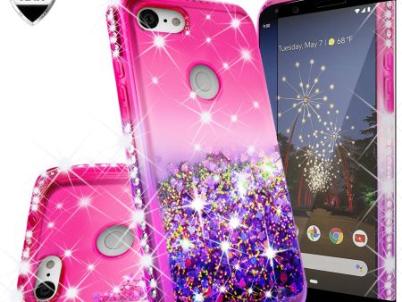 Google Pixel 3a Case Liquid Glitter Phone Case Waterfall Floating Quicksand Bling Sparkle Cute Protective Girls Women Cover for Pixel 3a W Temper Glass- (Hot Pink Purple Gradient) Cheap