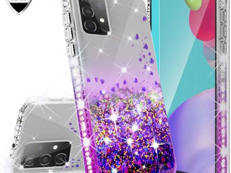 Samsung Galaxy A52 5G Case Liquid Glitter Phone Case Waterfall Floating Quicksand Bling Sparkle Cute Protective Girls Women Cover for Samsung Galaxy A52 5G W Temper Glass - Purple Online Hot Sale