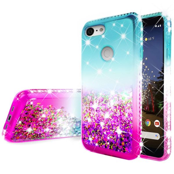 Google Pixel 3a Case Liquid Glitter Phone Case Waterfall Floating Quicksand Bling Sparkle Cute Protective Girls Women Cover for Pixel 3a W Temper Glass- (Teal Pink Gradient) For Discount