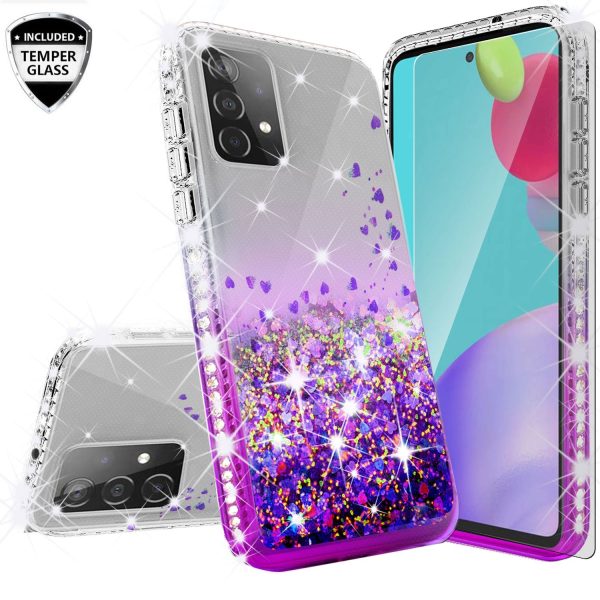 Samsung Galaxy A72 5G Case Liquid Glitter Phone Case Waterfall Floating Quicksand Bling Sparkle Cute Protective Girls Women Cover for Samsung Galaxy A72 5G W Temper Glass - Purple For Sale