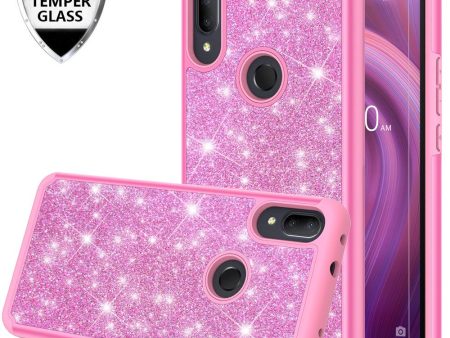 Alcatel 3V (2019) Case, 3V (2019) Glitter Bling Heavy Duty Shock Proof Hybrid Case with [HD Screen Protector] Dual Layer Protective Phone Case Cover for Alcatel 3V (2019) W Temper Glass - Hot Pink on Sale