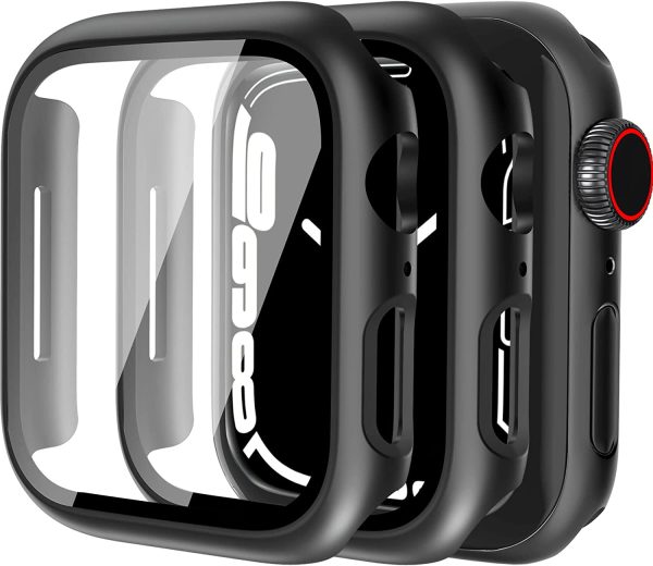 [2 Pack] SPY Case with Apple Watch Series SE 8 7 45mm with Tempered Glass Screen Protector, Full Protective Hard PC Case, HD Ultra-Thin Cover for iWatch 45mm - Black Fashion