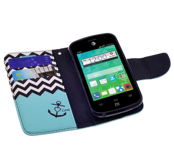 ZTE Z667 Case, Wrist Strap Magnetic Flip Fold[Kickstand] Pu Leather Wallet Case with ID & Card Slots - Teal Anchor For Discount