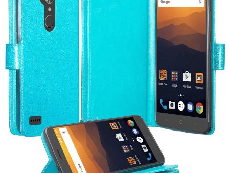 ZTE ZMax Pro, ZTE Imperial Max, MaX Duo LTE, Grand X Max 2 Case, ZTE Carry, ZTE Blade X Max, [Wrist Strap] Glitter Faux Leather Flip [Kickstand Feature] Wallet Case Clutch - Teal Online now