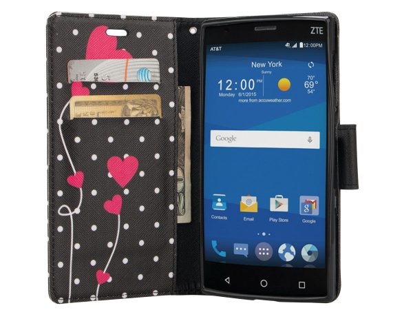 ZTE ZMAX 2 | Z958 Case, Wrist Strap Magnetic Fold[Kickstand] Pu Leather Wallet Case with ID & Credit Card Slots for ZTE ZMAX 2 - Polka Dot Hearts Cheap