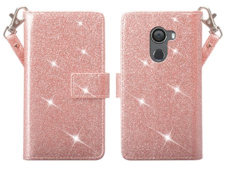 Tmobile REVVL, Alcatel A30 Plus, A30 Fierce, Alcatel Walters Case, Wrist Strap Glitter Bling Faux Leather Flip [Kickstand] Wallet Cover - Rose Gold Online Sale