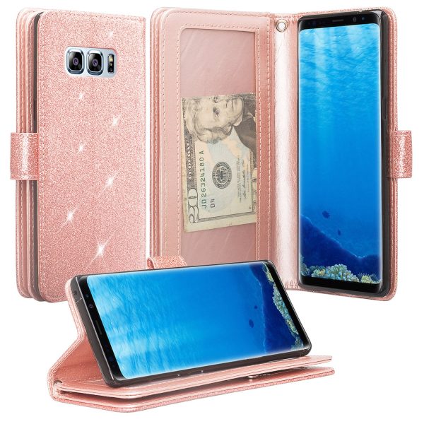 For Samsung Galaxy Note 8 Case, Galaxy Note 8 Case, [Wrist Strap] Glitter Faux Leather Flip [Kickstand Feature] Protective Wallet Case Clutch - Rose Gold For Sale