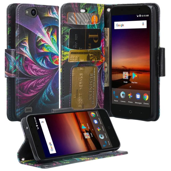 ZTE Tempo X Case, Tempo Go, Blade Vantage, Avid 4, ZFive C, ZFive G, N9137, Z557BL, Z558VL, Slim Flip Fold [Kickstand] Faux Leather Wallet Cover w  Slots & Pocket + Wrist Strap - Rainbow Feather Cheap