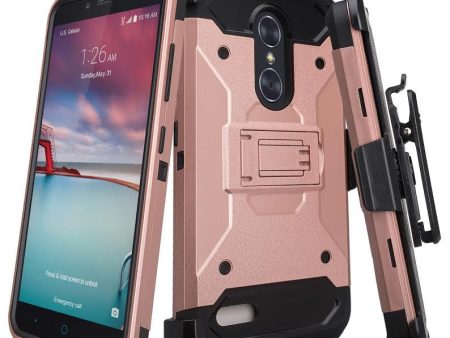 ZTE ZMax Pro Case, Blade X Max, ZTE Grand X Max 2 Case, ZTE Carry, ZTE Imperial Max   ZTE Max Duo LTE Heavy Duty[Built-in Kickstand] Rotating Swivel Clip Holster Case   Rugged Triple Layer Protection - Rose Gold on Sale