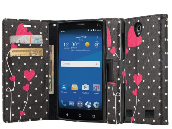 ZTE ZMAX 2 | Z958 Case, Wrist Strap Magnetic Fold[Kickstand] Pu Leather Wallet Case with ID & Credit Card Slots for ZTE ZMAX 2 - Polka Dot Hearts Cheap