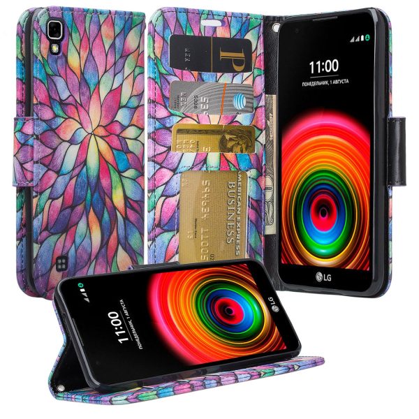 LG X Power Case, Wrist Strap Magnetic Fold[Kickstand] Pu Leather Wallet Case with ID & Credit Card Slots for LG X Power - Rainbow Flower Hot on Sale