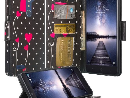 ZTE ZMAX Pro Case | Blade X Max | ZTE Carry | ZTE Grand X Max 2 Case | ZTE Imperial Max Case | Max Duo Wrist Strap Pu Leather Magnetic Fol[Kickstand] Wallet Case[ID & Card Slots] - Polka Dot Hearts For Sale