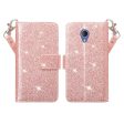 Alcatel 1x Evolve, TCL LX, Avalon V, IdealXTRA Glitter Faux Leather Flip Credit Card Holder Wrist Strap Shockproof Protective Wallet Case Clutch - Rose Gold Fashion