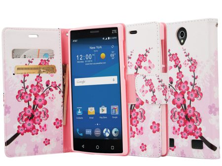 ZTE ZMAX 2 | Z958 Case, Wrist Strap Magnetic Fold[Kickstand] Pu Leather Wallet Case with ID & Credit Card Slots for ZTE ZMAX 2 - Cherry Blossom Online now