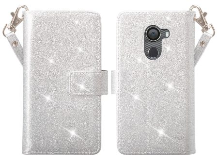 Tmobile REVVL, Alcatel A30 Plus, A30 Fierce, Alcatel Walters Case, Wrist Strap Glitter Bling Faux Leather Flip [Kickstand] Wallet Cover - Silver For Cheap