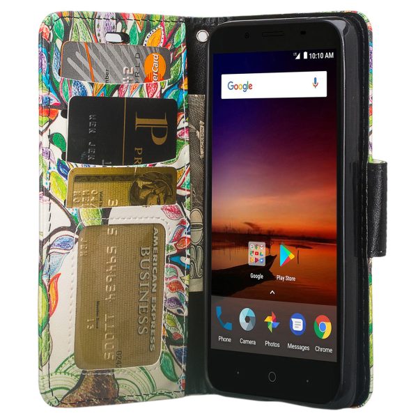 ZTE Tempo X Case, Tempo Go, Blade Vantage, Avid 4, ZFive C, ZFive G, N9137, Z557BL, Z558VL, Slim Flip Fold [Kickstand] Faux Leather Wallet Cover w  Slots & Pocket + Wrist Strap - Vibrant Tree Online now