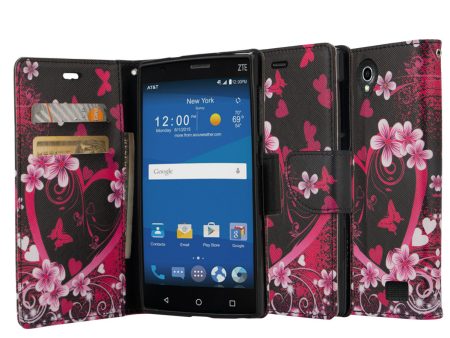 ZTE ZMAX 2 | Z958 Case, Wrist Strap Magnetic Fold[Kickstand] Pu Leather Wallet Case with ID & Credit Card Slots for ZTE ZMAX 2 - Heart Butterflies Cheap