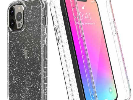 For Apple iPhone 12 Pro Max Case with Built-in Screen Protector,Rugged PC Front Cover + Soft TPU Non-Slip Cover, Shockproof Full-Body Protective Case Cover - Glitter Clear Silver on Sale