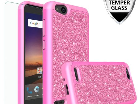 ZTE Tempo X Case, Tempo Go, Tempo Go, Blade Vantage, Avid 4, ZFive C, ZFive G, N9137, Z557BL, Z558VL, Glitter Bling Heavy Duty Shock Proof Hybrid Cover w  HD Screen Protector W Temper Glass - Hot Pink Cheap