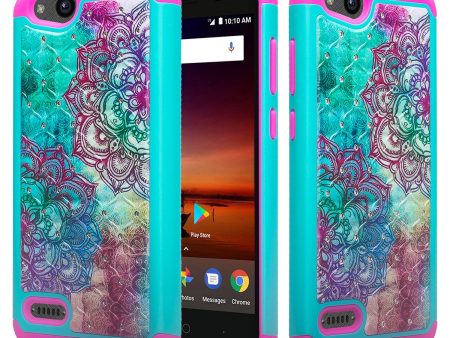 ZTE Tempo X Case, Tempo Go, Blade Vantage, Avid 4, ZFive C, ZFive G, N9137, Z557BL, Z558VL, Slim Hybrid Crystal Rhinestone Dual Layer [Shock Resistant] Protective Cover - Teal Flower Online Hot Sale