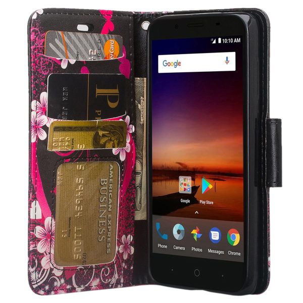 ZTE Tempo X Case, Tempo Go, Blade Vantage, Avid 4, ZFive C, ZFive G, N9137, Z557BL, Z558VL, Slim Flip Fold [Kickstand] Faux Leather Wallet Cover w  Slots & Pocket + Wrist Strap - Heart Butterflies Hot on Sale