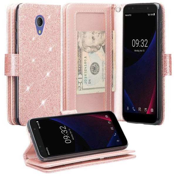 Alcatel 1x Evolve, TCL LX, Avalon V, IdealXTRA Glitter Faux Leather Flip Credit Card Holder Wrist Strap Shockproof Protective Wallet Case Clutch - Rose Gold Fashion